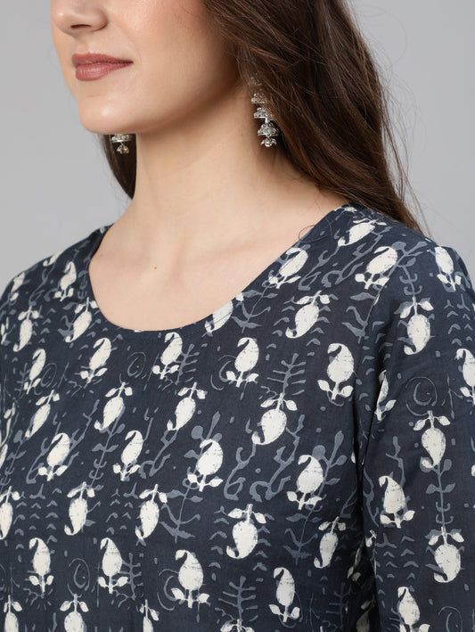 Women Grey Ethnic Motif Printed Flared Kurta With Trouser And Dupatta | LASVINI - Redefining Indian Fashion with Elegance