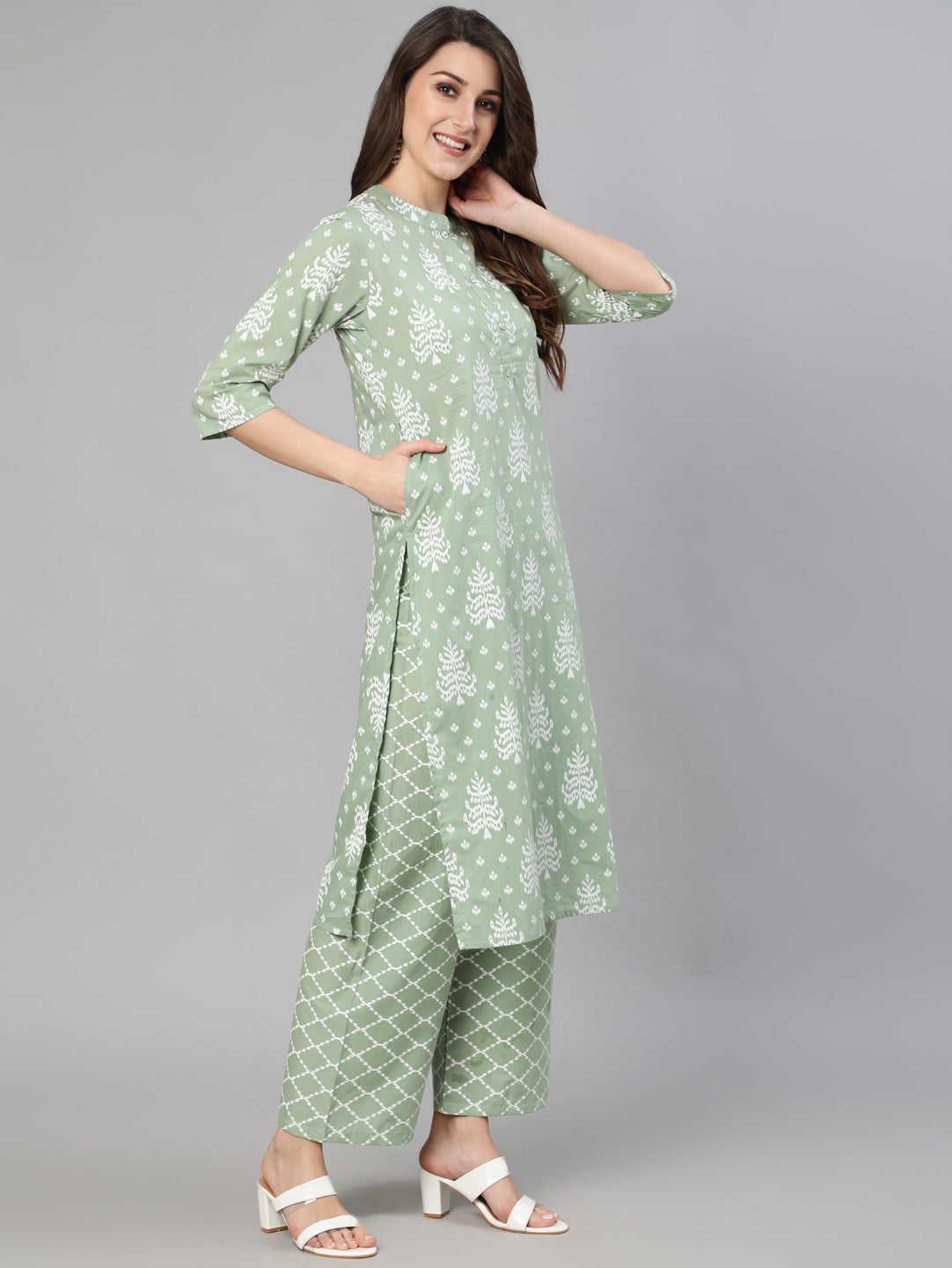 Women Olive Green Ethnic Printed Kurta And Palazzo With Dupatta | LASVINI - Redefining Indian Fashion with Elegance