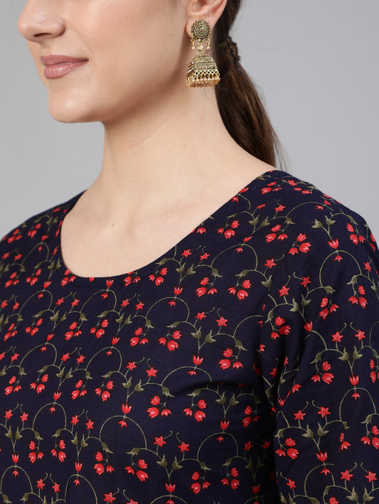 Women Navy Blue Printed Flared Kurta With Trouser And Dupatta | LASVINI - Redefining Indian Fashion with Elegance