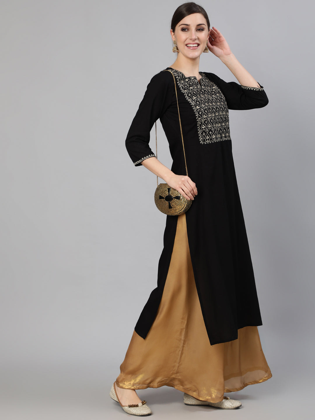 Women Black Embroidered Straight Kurta With Three Quarter Sleeves | LASVINI - Redefining Indian Fashion with Elegance