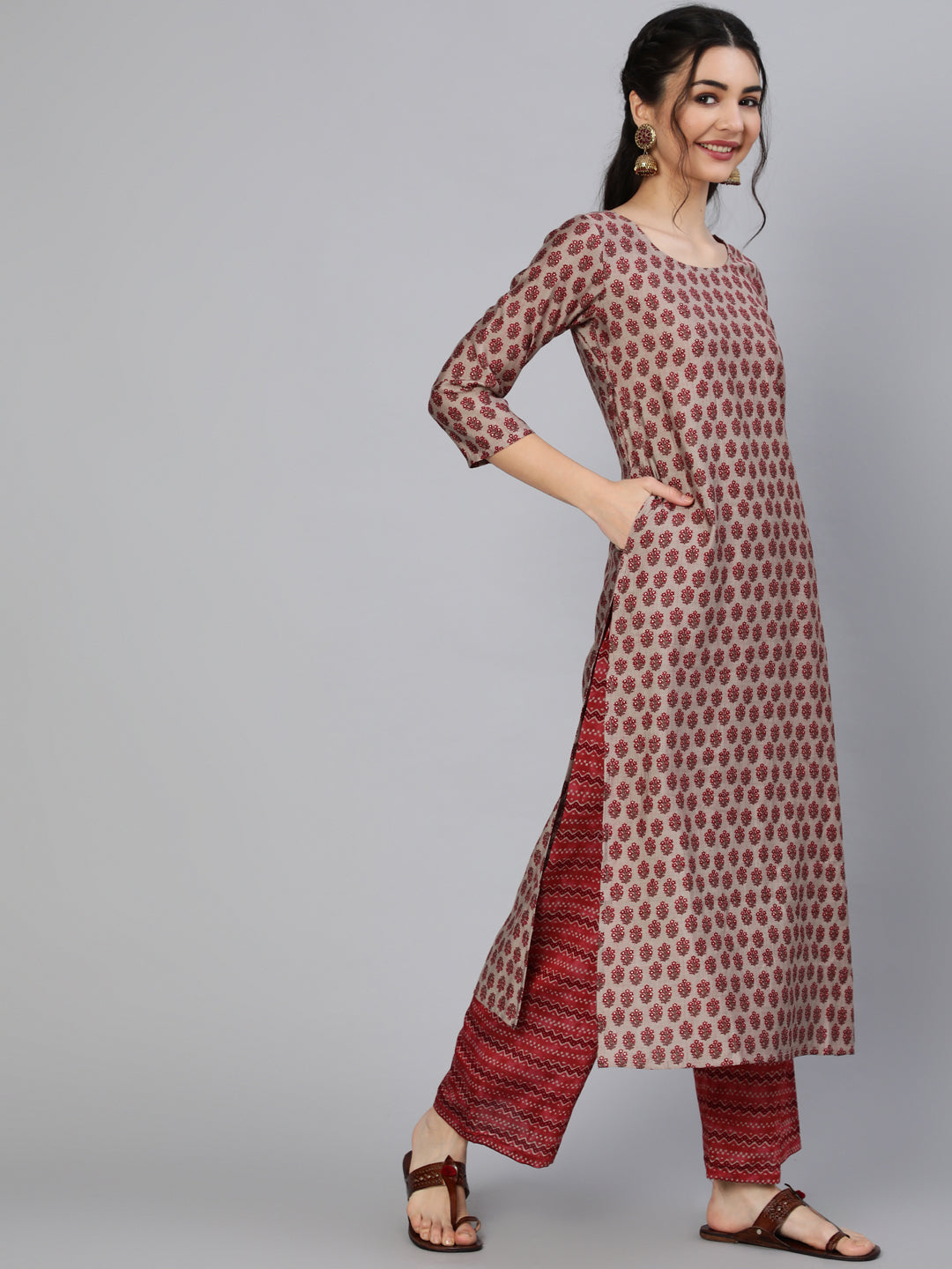 Women Maroon Ethnic Printed Kurta & Palazzo With Dupatta | LASVINI - Redefining Indian Fashion with Elegance
