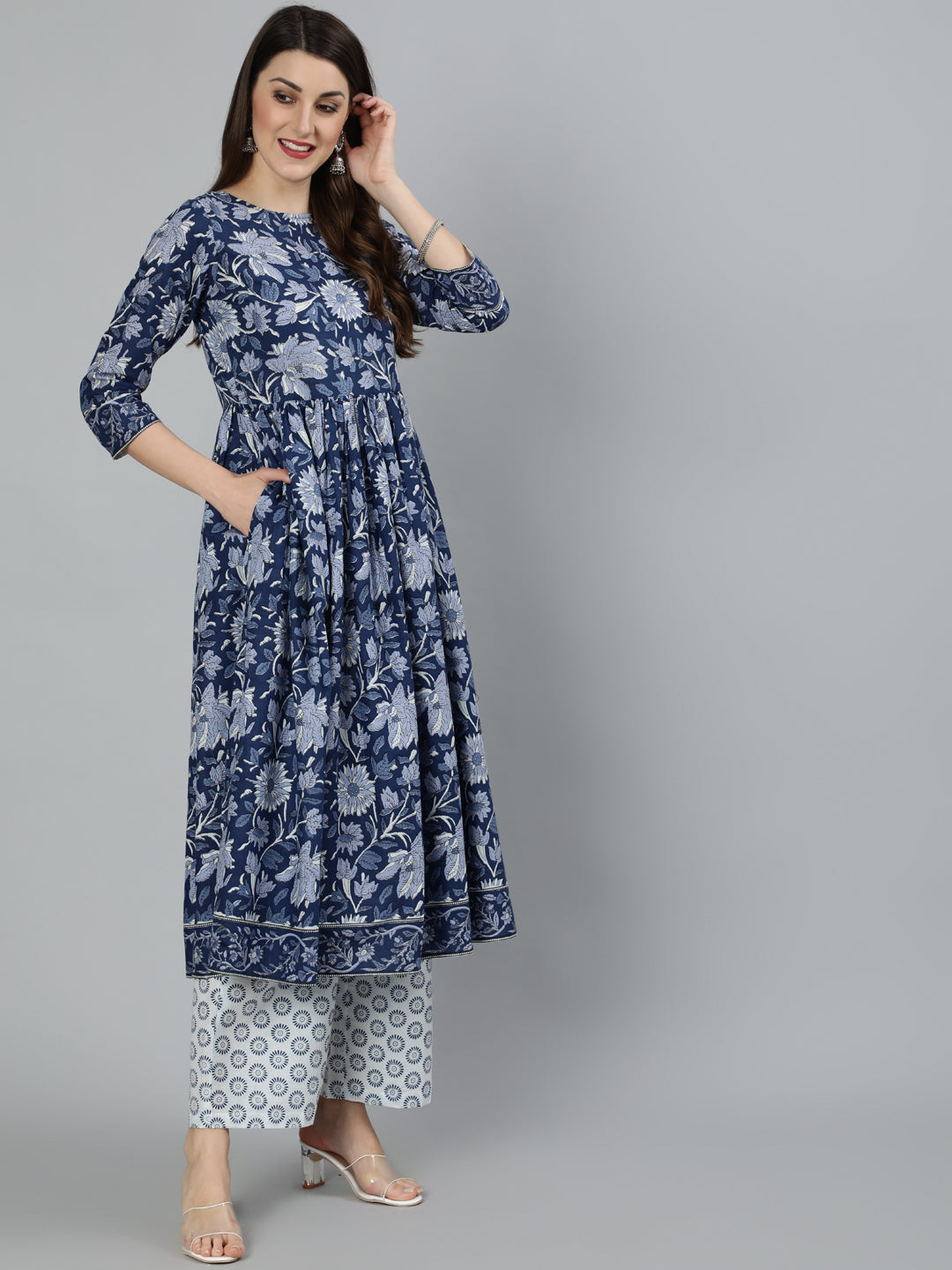 Women Blue Floral Printed Gathered Kurta With Palzzo And Dupatta | LASVINI - Redefining Indian Fashion with Elegance