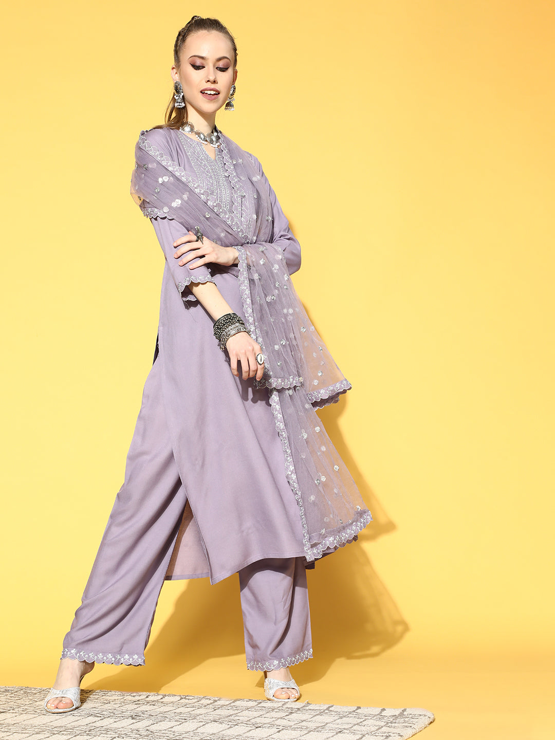Women Lavender Embroidered Straight Kurta With Plazo & Dupatta | LASVINI - Redefining Indian Fashion with Elegance