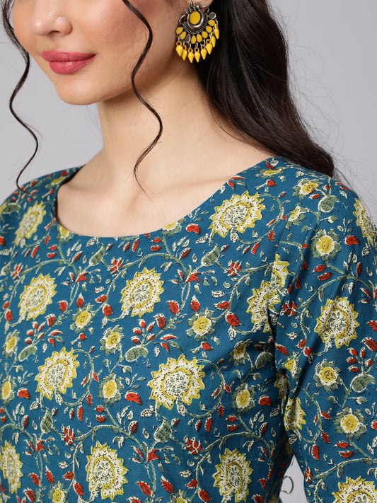 Women Green Floral Printed Flared Kurta With Trouser And Dupatta | LASVINI - Redefining Indian Fashion with Elegance