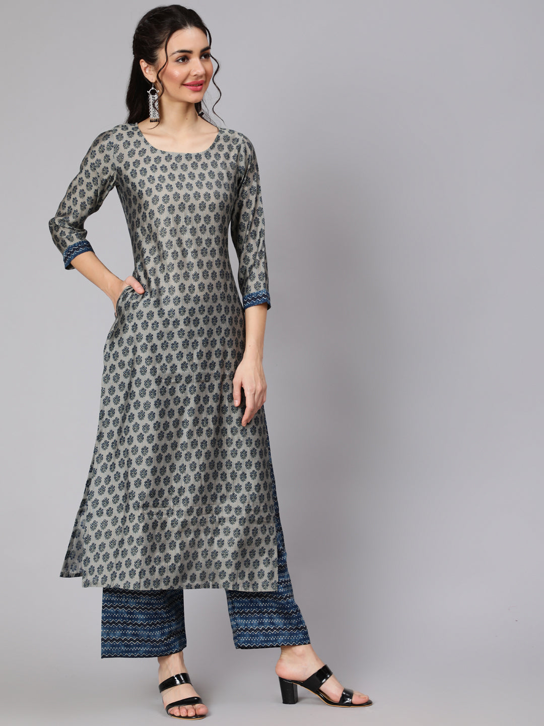 Women Grey & Navy Blue Ethnic Printed Straight Kurta With Palazzo And Printed Dupatta | LASVINI - Redefining Indian Fashion with Elegance