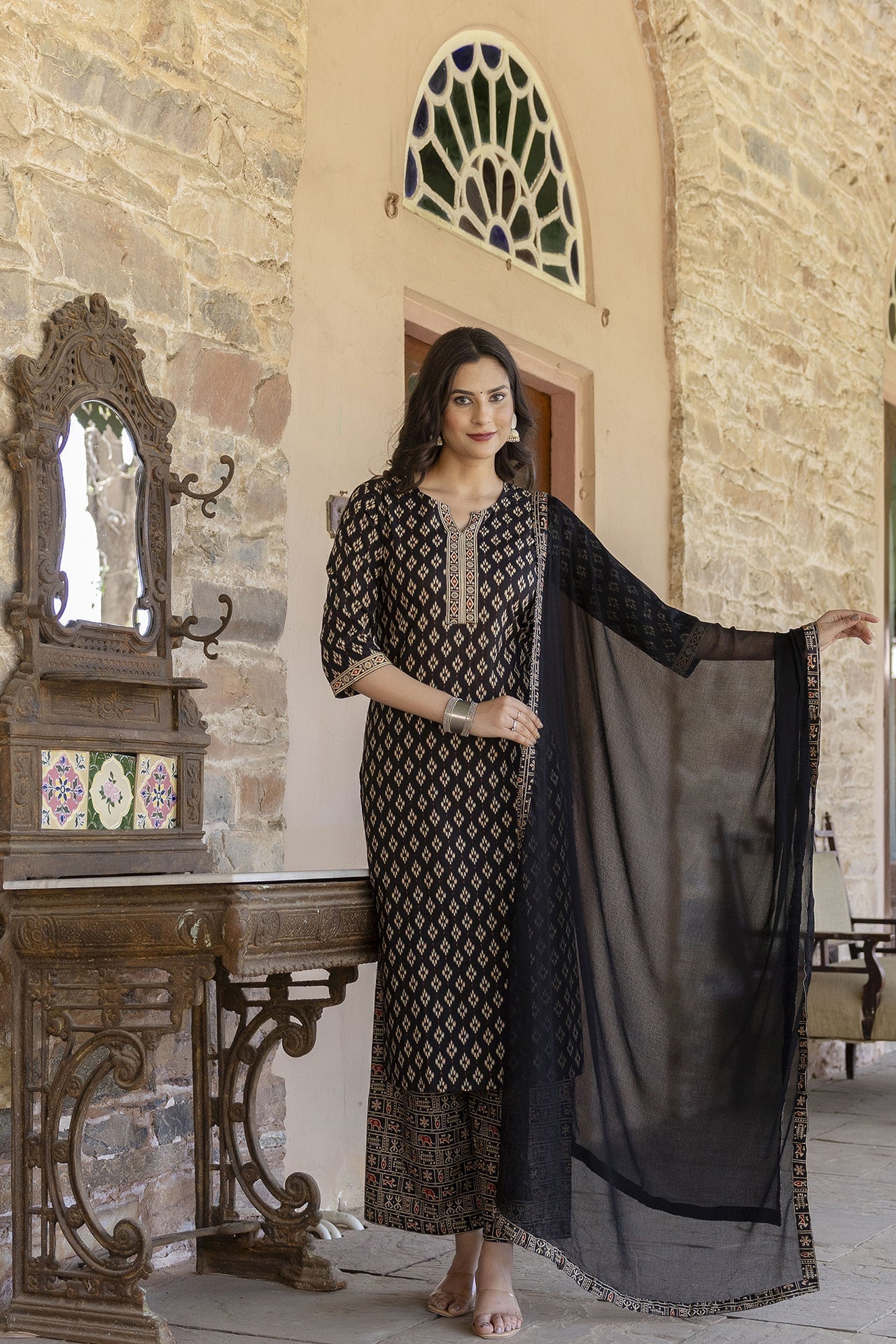 Women Black Ethnic Printed Straight Kurta With Palazzo And Chiffon Dupatta | LASVINI - Redefining Indian Fashion with Elegance