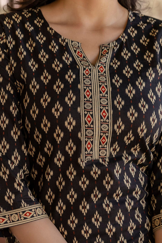 Women Black Ethnic Printed Straight Kurta With Palazzo And Chiffon Dupatta | LASVINI - Redefining Indian Fashion with Elegance