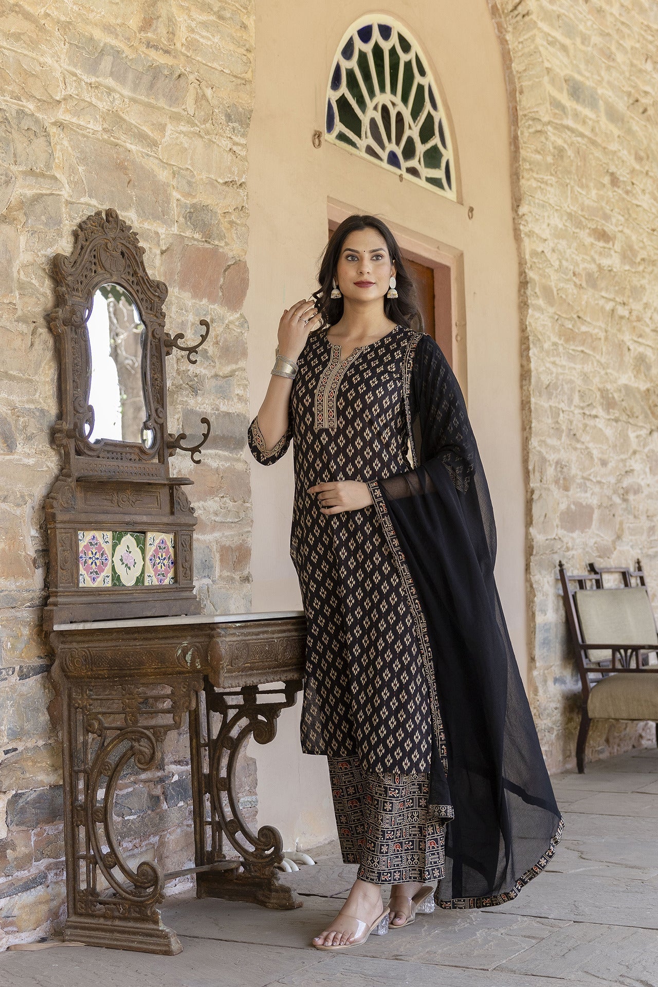 Women Black Ethnic Printed Straight Kurta With Palazzo And Chiffon Dupatta | LASVINI - Redefining Indian Fashion with Elegance