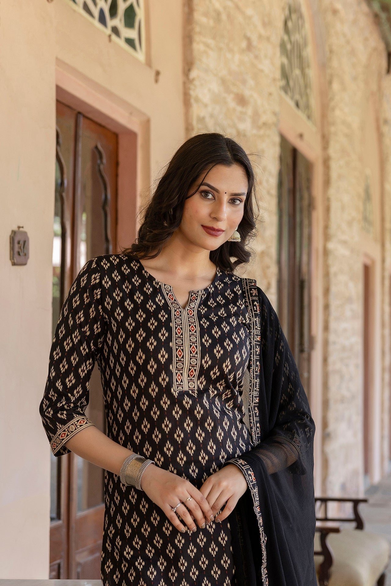 Women Black Ethnic Printed Straight Kurta With Palazzo And Chiffon Dupatta | LASVINI - Redefining Indian Fashion with Elegance