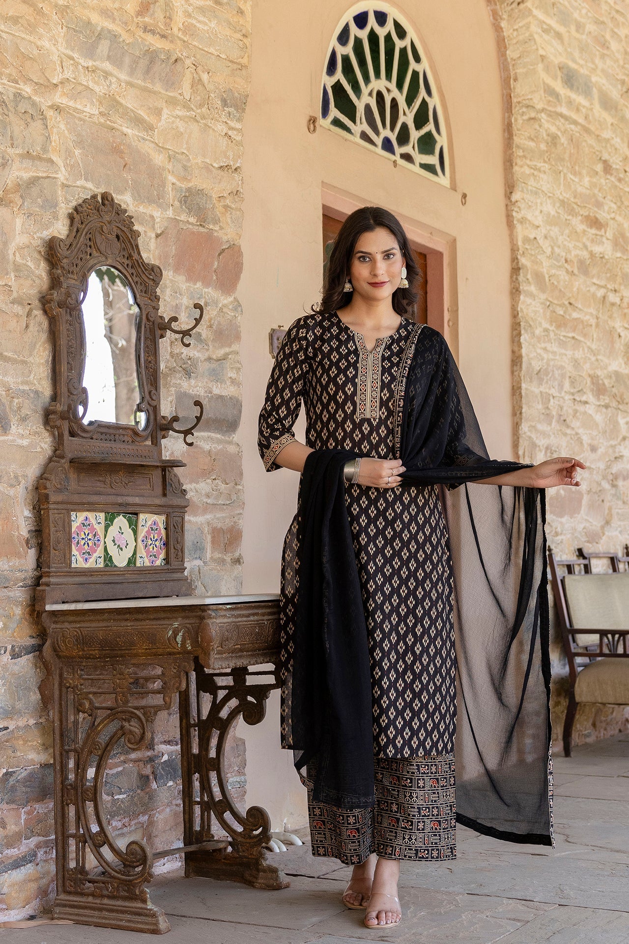Women Black Ethnic Printed Straight Kurta With Palazzo And Chiffon Dupatta | LASVINI - Redefining Indian Fashion with Elegance