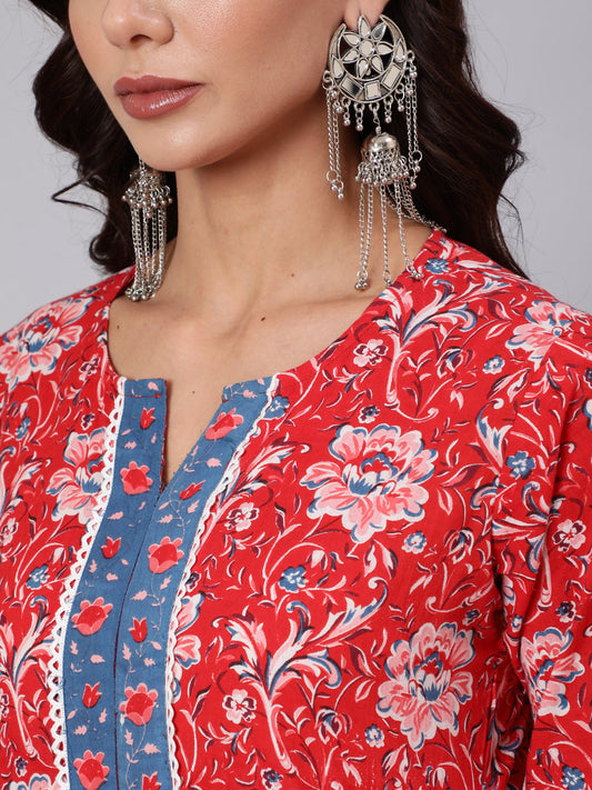 Women Red Floral Printed Straight Kurta & Palazzo With Dupatta | LASVINI - Redefining Indian Fashion with Elegance