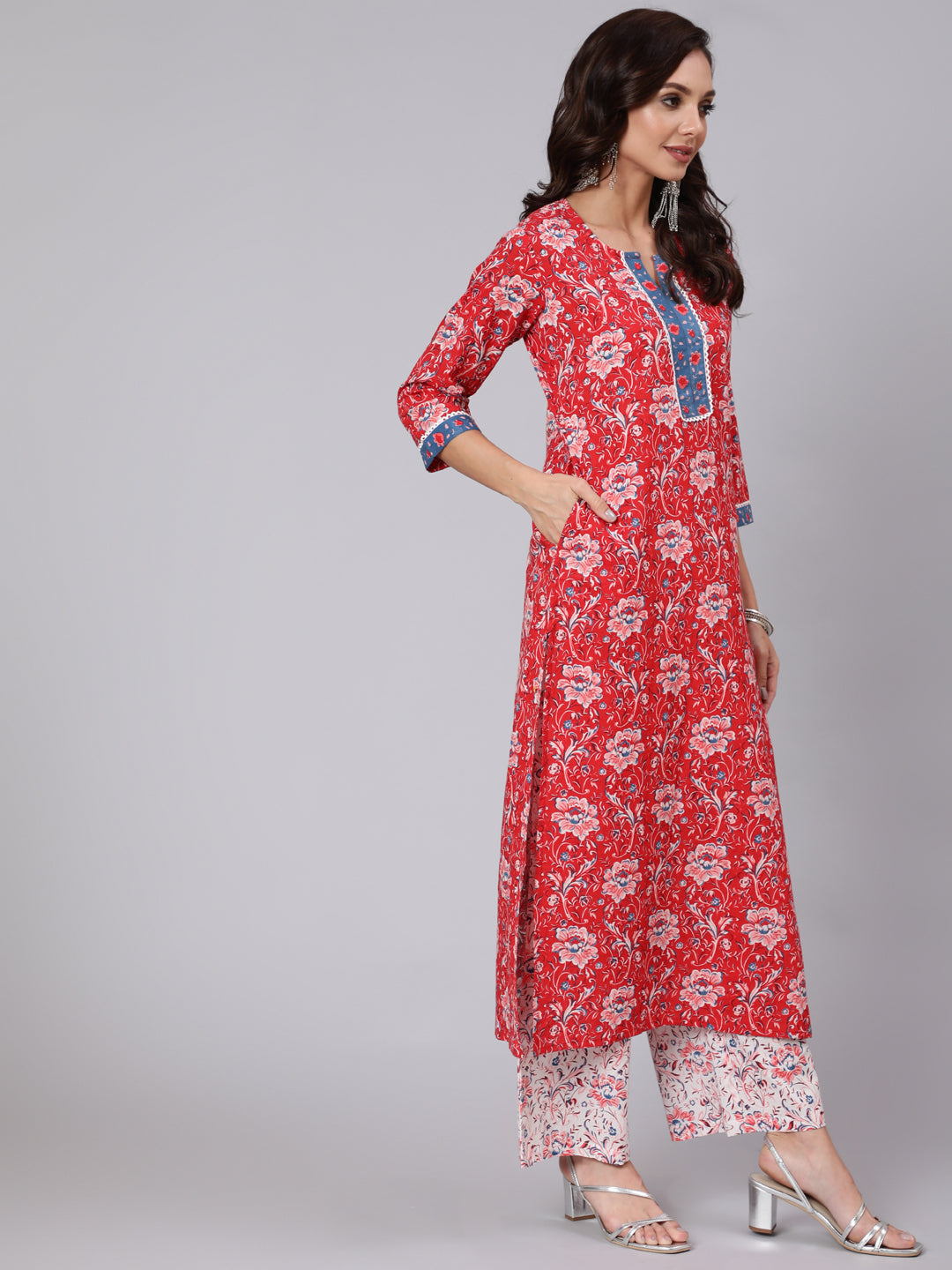 Women Red Floral Printed Straight Kurta & Palazzo With Dupatta | LASVINI - Redefining Indian Fashion with Elegance