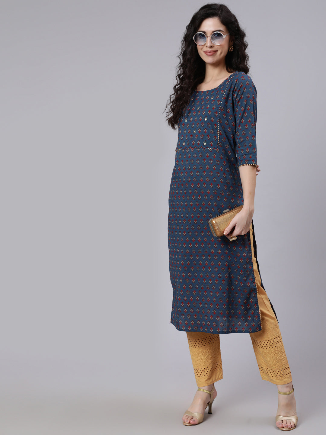Women Blue & Maroon Floral Printed Straight Kurta With Three Quarter Sleeves | LASVINI - Redefining Indian Fashion with Elegance