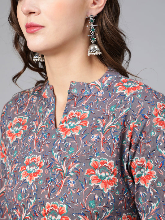 Women Grey Ethnic Printed Straight Kurta With Palazzo And Dupatta | LASVINI - Redefining Indian Fashion with Elegance