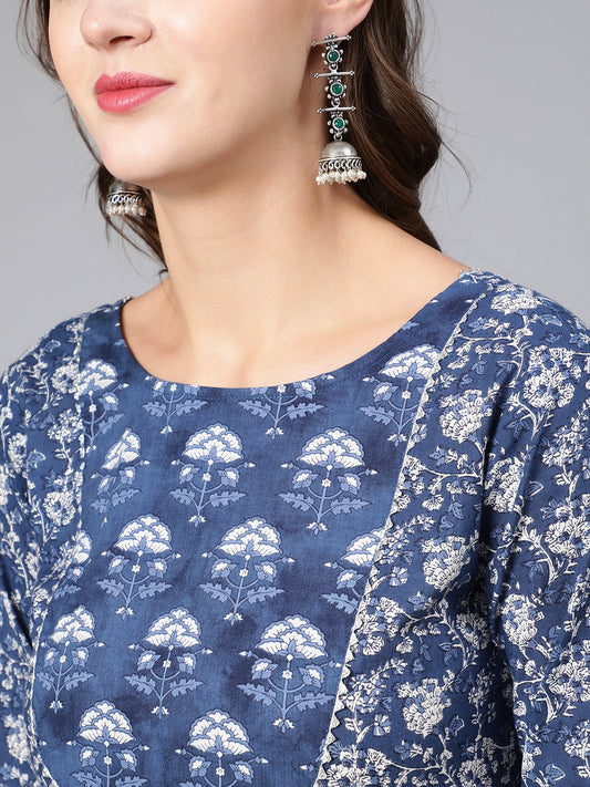 Women Blue Ethnic Printed Flared Kurta With Trouser And Dupatta | LASVINI - Redefining Indian Fashion with Elegance