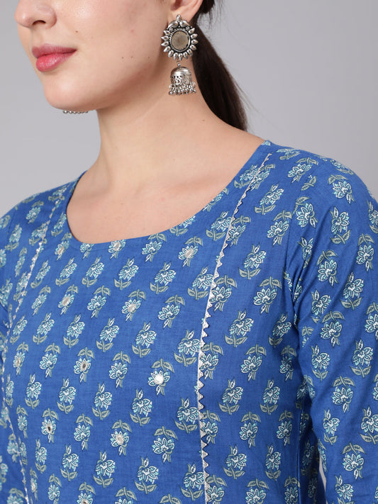 Women Blue Ethnic Motif Printed Straight Kurta With Three Quaretr Sleeves | LASVINI - Redefining Indian Fashion with Elegance