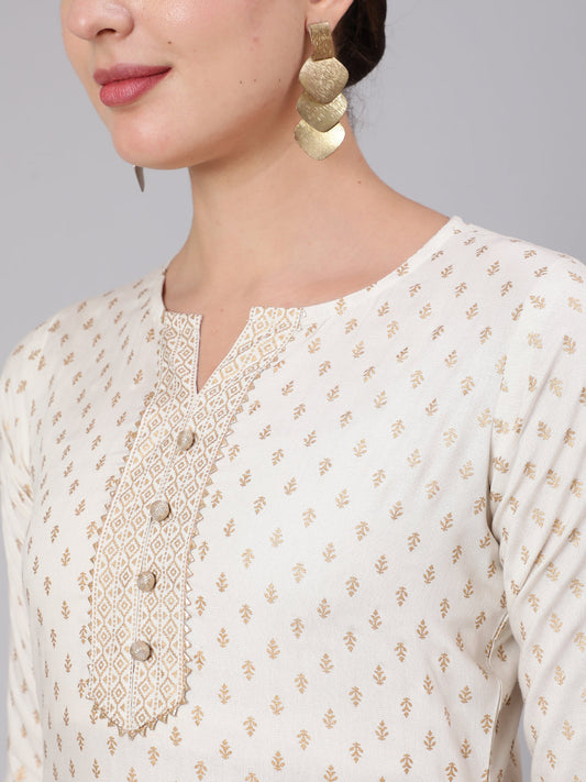 Women White & Gold Printed Lace Details Lurta With Palazzo And Net Sequence Dupatta | LASVINI - Redefining Indian Fashion with Elegance
