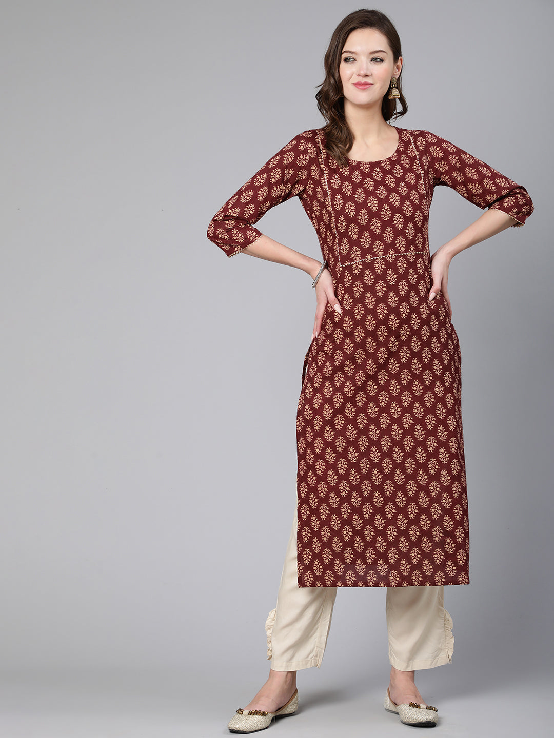 Women Maroon Ethnic Printe Straight Kurta With Three Quarter Sleeves | LASVINI - Redefining Indian Fashion with Elegance