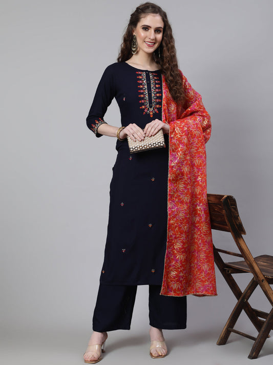 Women Navy Blue Embroidered Straight Kurta With Palazzo And Art Silk Dupatta | LASVINI - Redefining Indian Fashion with Elegance