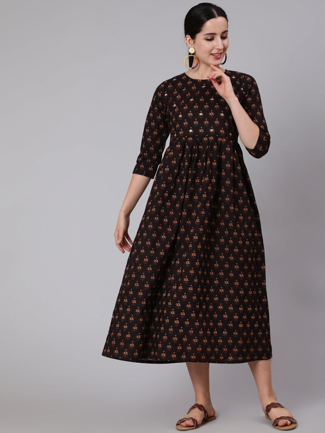 Women Brown Embroidred Flared Dress With Three Quarter Sleeves | LASVINI - Redefining Indian Fashion with Elegance