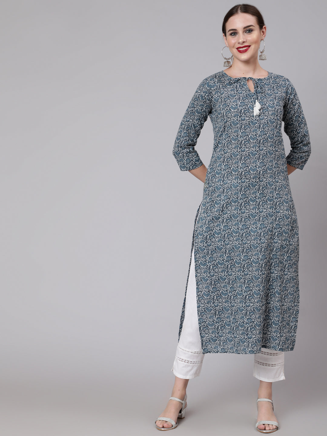 Women Blue Paisley Printed Straight Kurta With Three Quarter Sleeves | LASVINI - Redefining Indian Fashion with Elegance