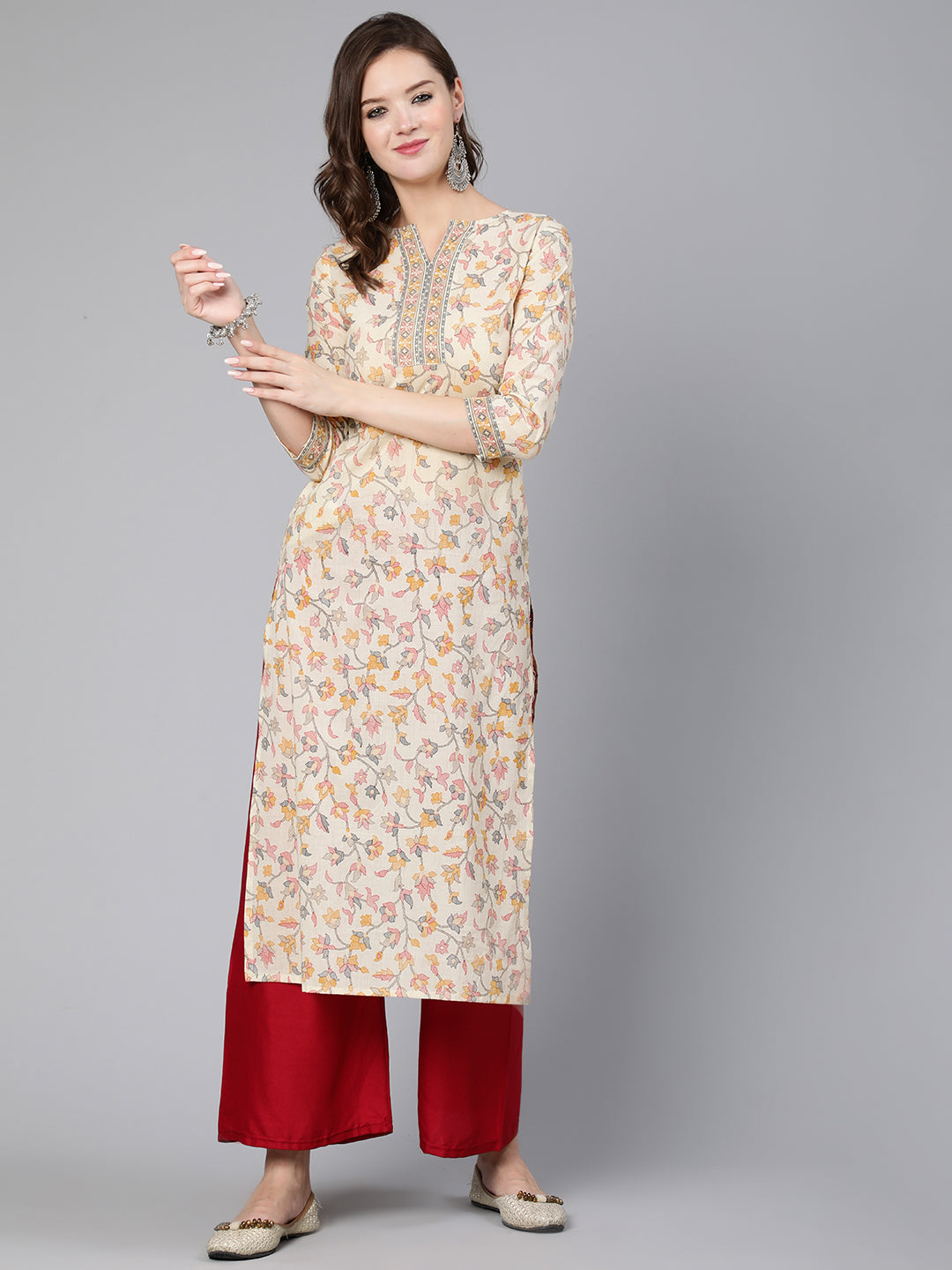 Women Cream Floral Printed Staight Kurta With Three Quarter Sleeves | LASVINI - Redefining Indian Fashion with Elegance