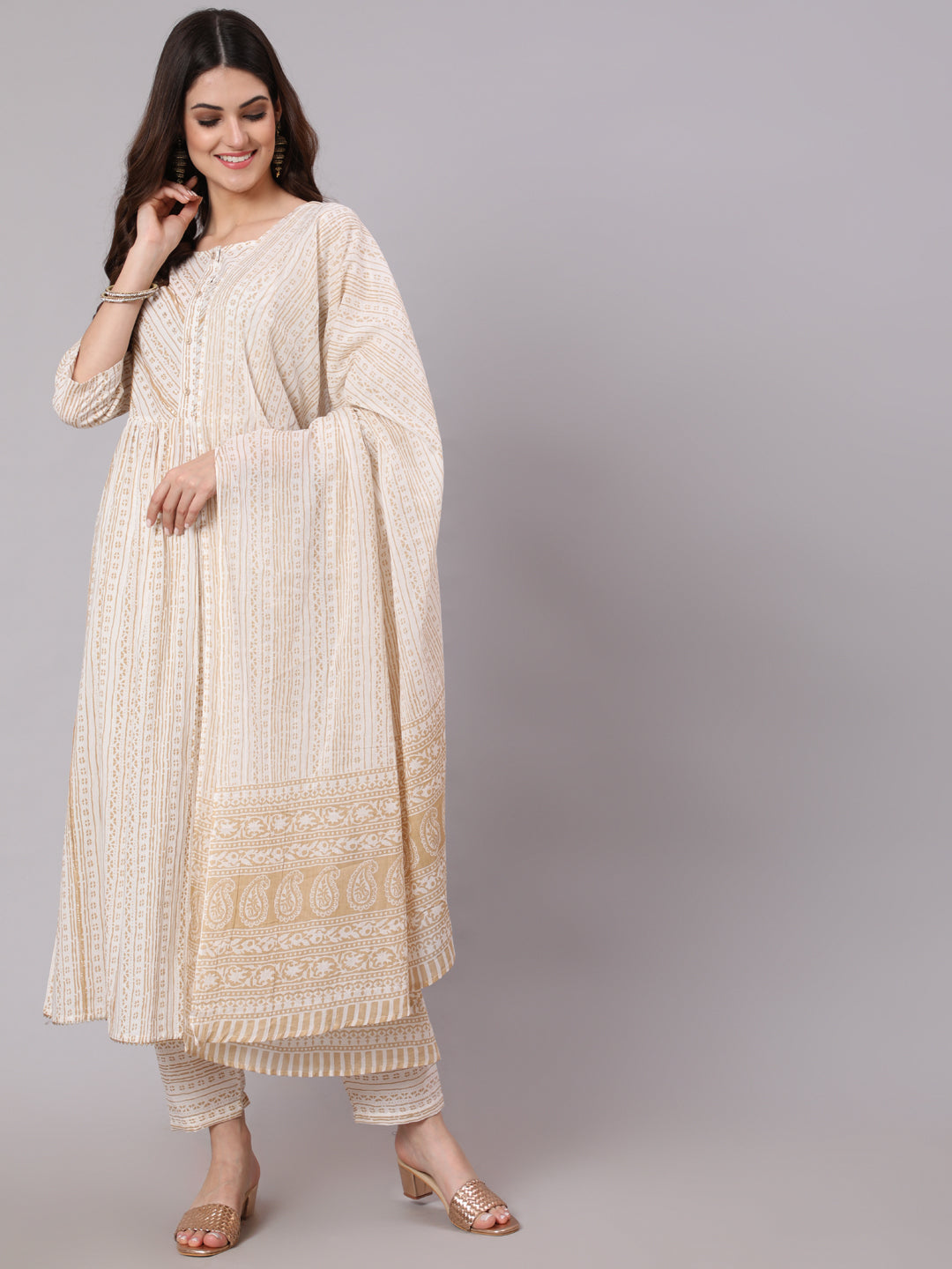 Women White & Gold Sequence Yoke Kurta With Trouser And Dupatta | LASVINI - Redefining Indian Fashion with Elegance