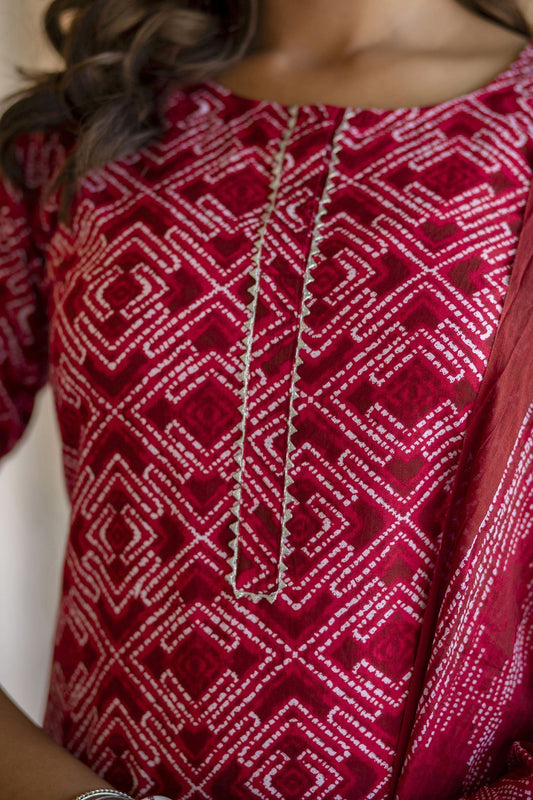 Women Red Bandhani Printed Straight Kurta With Palzzo And Dupatta | LASVINI - Redefining Indian Fashion with Elegance