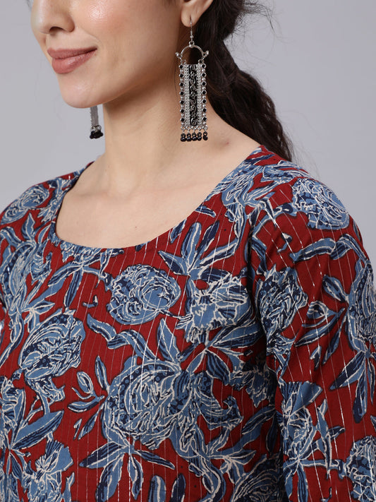 Women Maroon And Blue Floral Printed Straight Kurta And Palazzo With Palazzo | LASVINI - Redefining Indian Fashion with Elegance