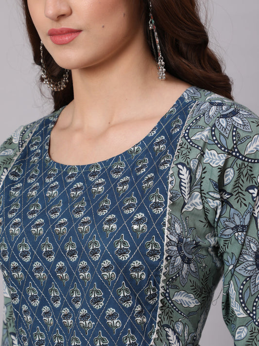 Women Green And Blue Printed Flared Kurta With Palazzo And Dupatta | LASVINI - Redefining Indian Fashion with Elegance