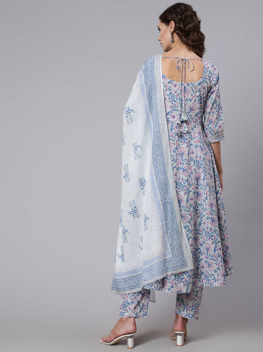 Women Grey Floral Printed Flared Kurta With Trouser And Dupatta | LASVINI - Redefining Indian Fashion with Elegance
