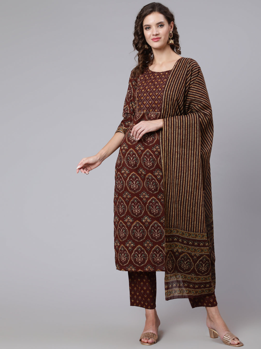 Women Brown Printed Flared Kurta With Trouser With Dupatta | LASVINI - Redefining Indian Fashion with Elegance