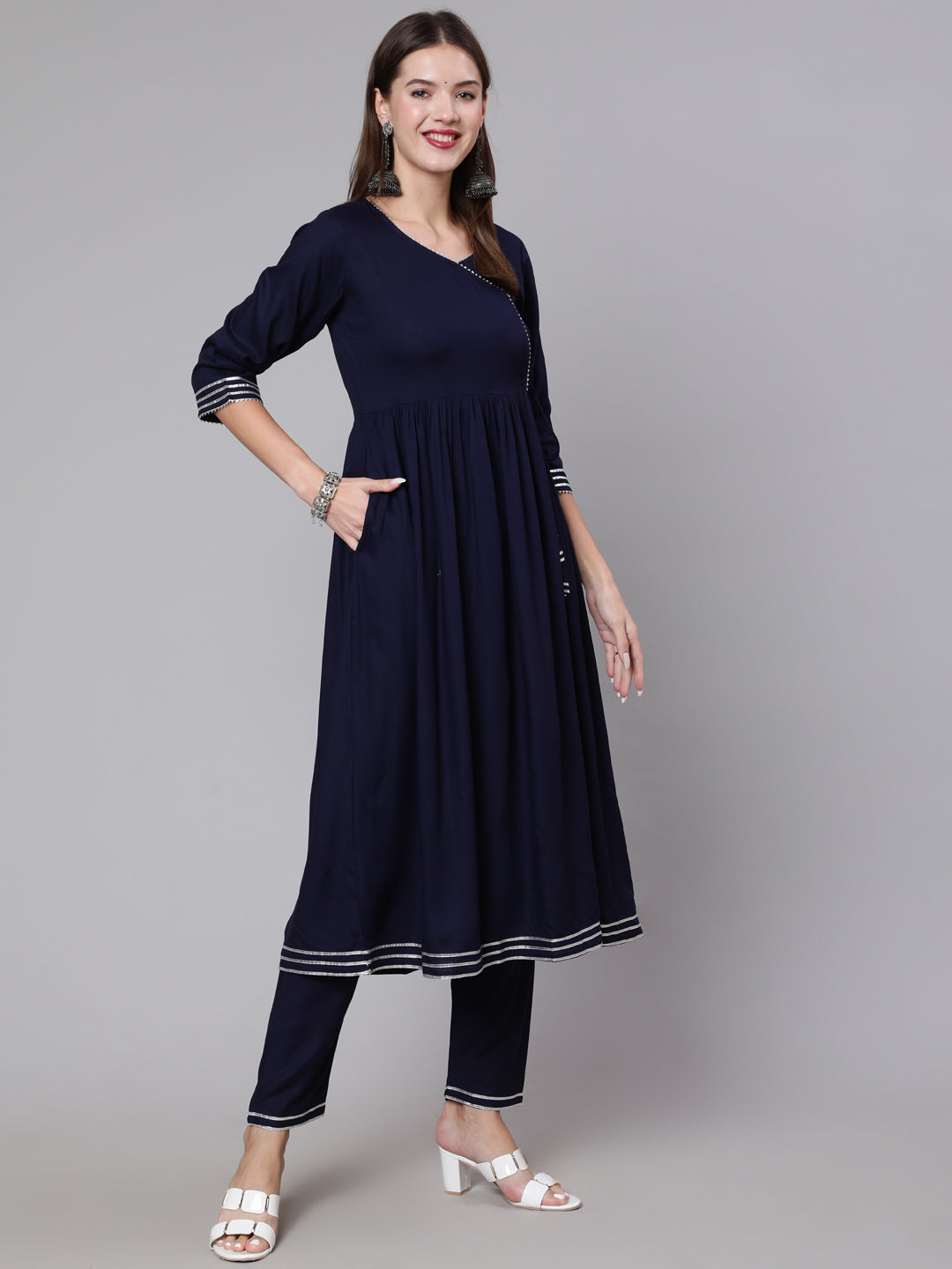 Women Navy Blue Solid Flared Kurta With Trouser And Dupatta | LASVINI - Redefining Indian Fashion with Elegance