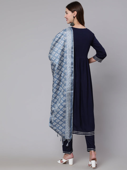 Women Navy Blue Solid Flared Kurta With Trouser And Dupatta | LASVINI - Redefining Indian Fashion with Elegance
