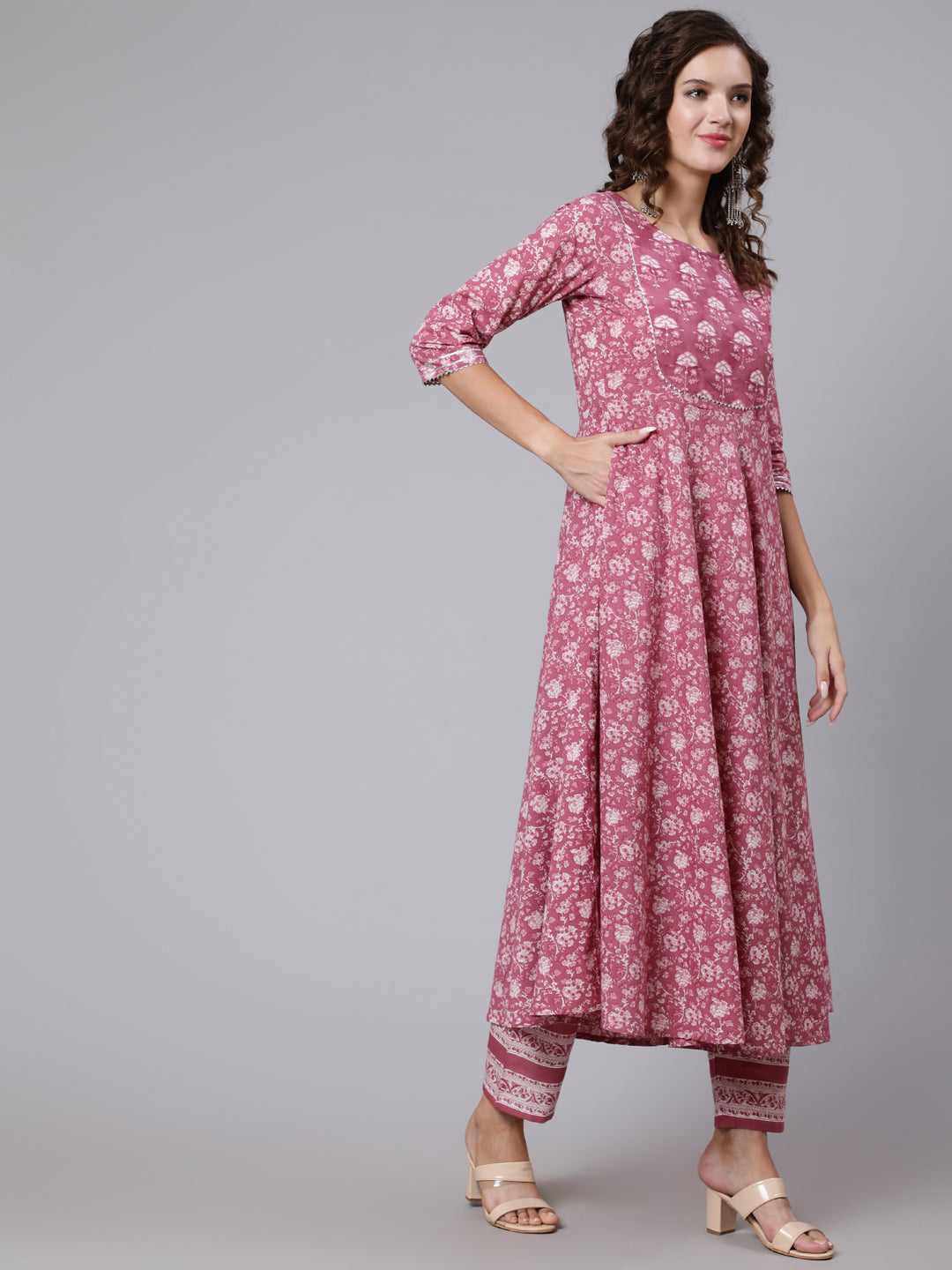 Women Pink Ethnic Printed Flared Kurta With Trouser And Dupatta | LASVINI - Redefining Indian Fashion with Elegance