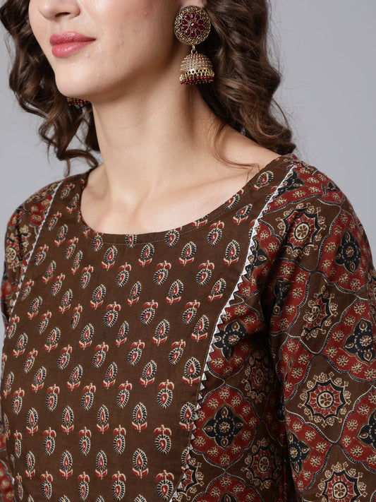 Women Brown Ethnic Motifs Yoke Design Pure Cotton Kurta With Trousers & With Dupatta | LASVINI - Redefining Indian Fashion with Elegance