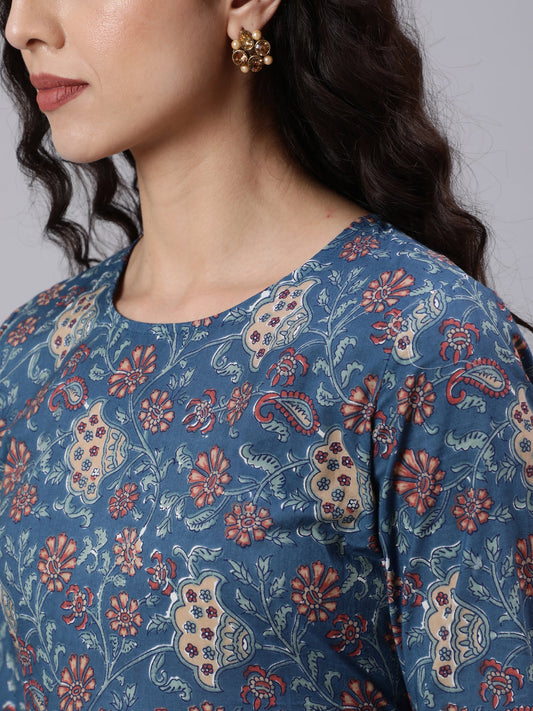 Women Blue Printed Flared Kurta With Palazzo And Dupatta | LASVINI - Redefining Indian Fashion with Elegance
