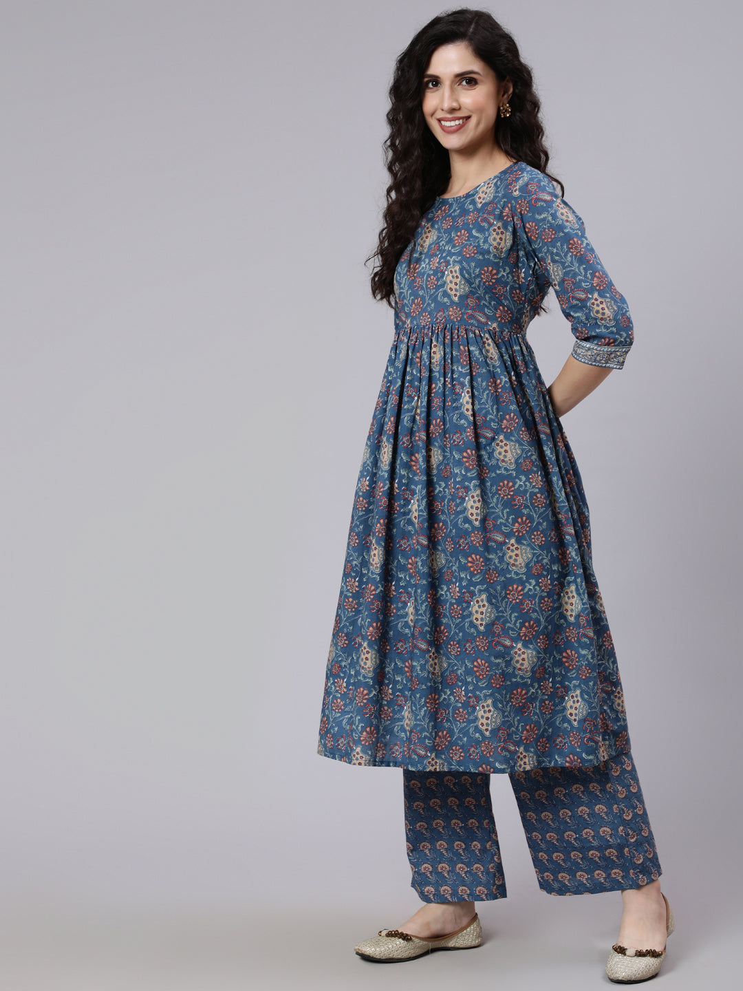 Women Blue Printed Flared Kurta With Palazzo And Dupatta | LASVINI - Redefining Indian Fashion with Elegance
