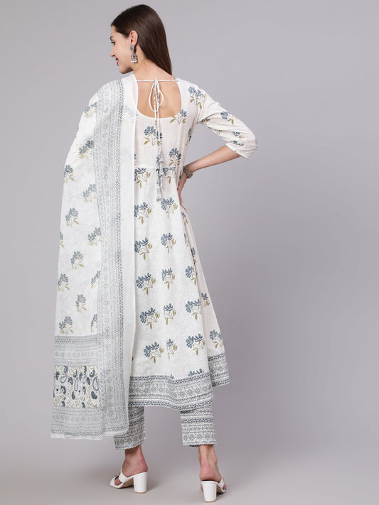 Women Grey Printed Flared Kurta With Trouser & Dupatta | LASVINI - Redefining Indian Fashion with Elegance