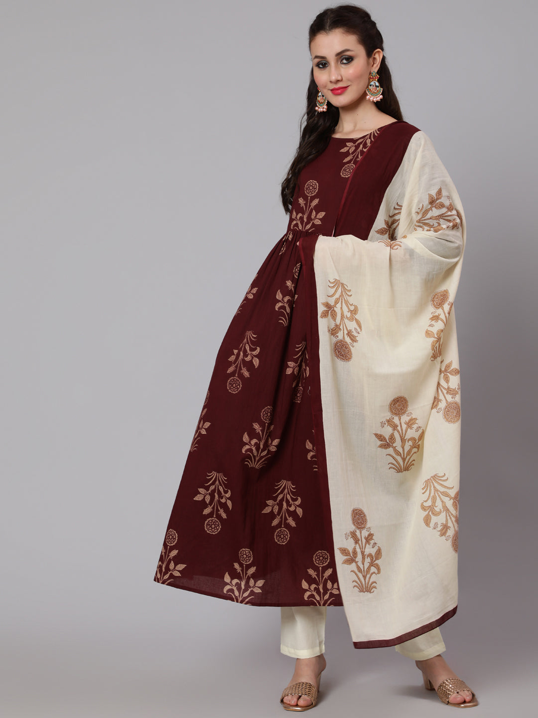 Women Brown Ethnic Printed Kurta With Palazzo And Dupatta | LASVINI - Redefining Indian Fashion with Elegance
