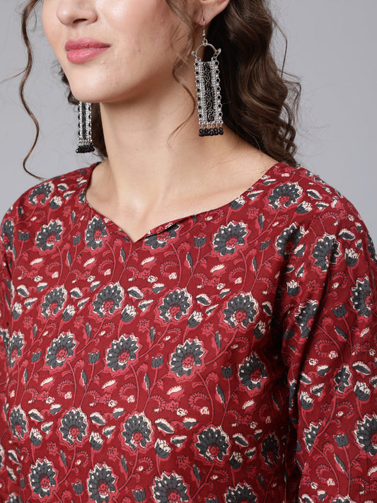 Women Maroon Ethnic Printed Straight Kurta With Three Quarter Sleeves | LASVINI - Redefining Indian Fashion with Elegance