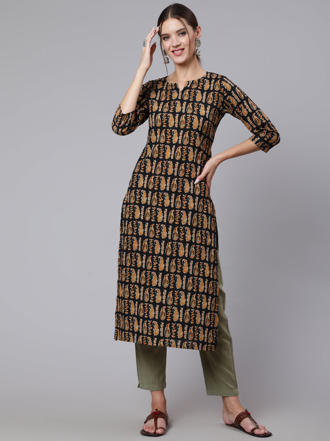 Women Black Printed Straight Kurta With Three Quarter Sleeves | LASVINI - Redefining Indian Fashion with Elegance