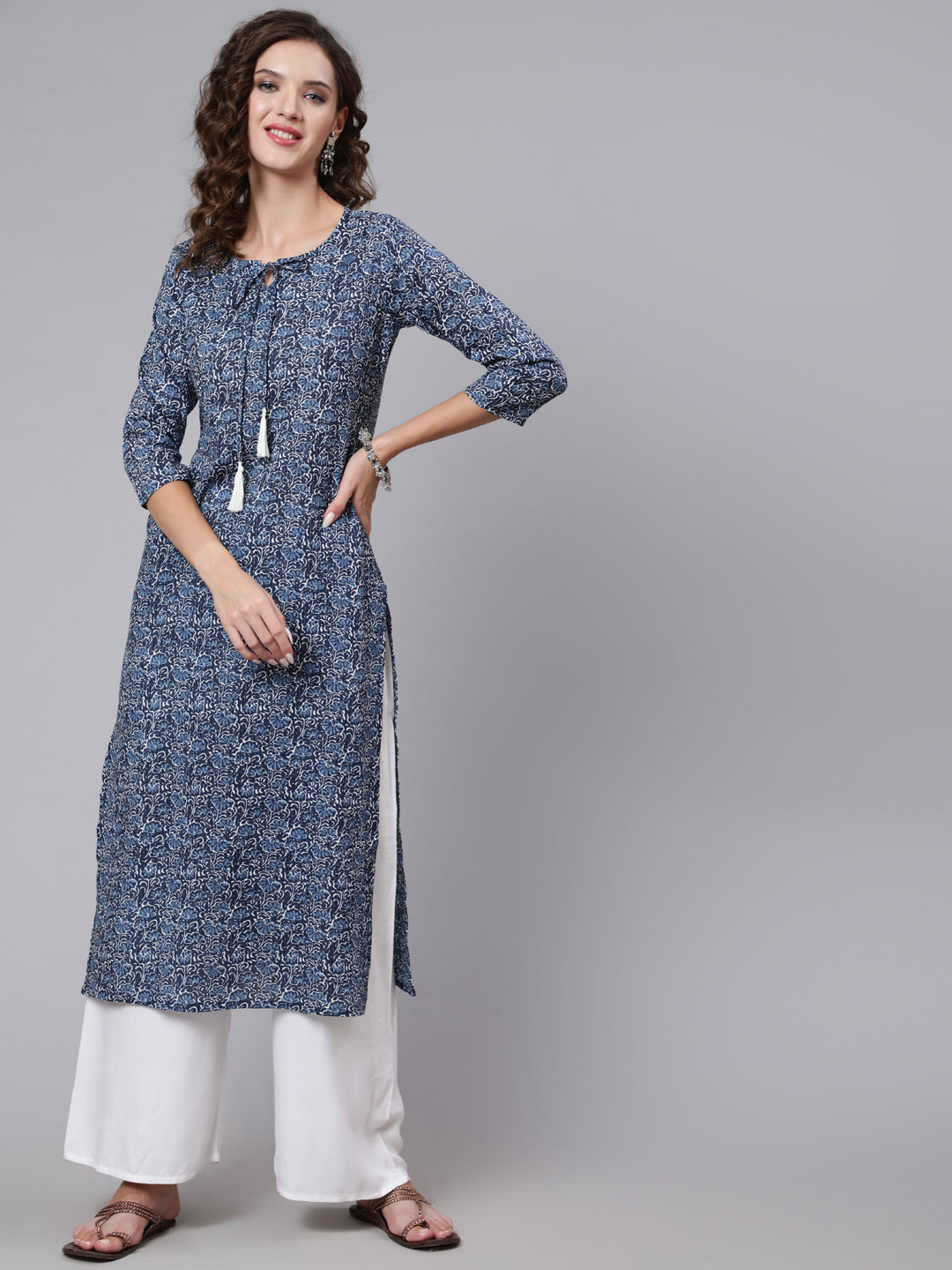 Women Blue Printed Straight Kurta With Three Quarter Sleeves | LASVINI - Redefining Indian Fashion with Elegance