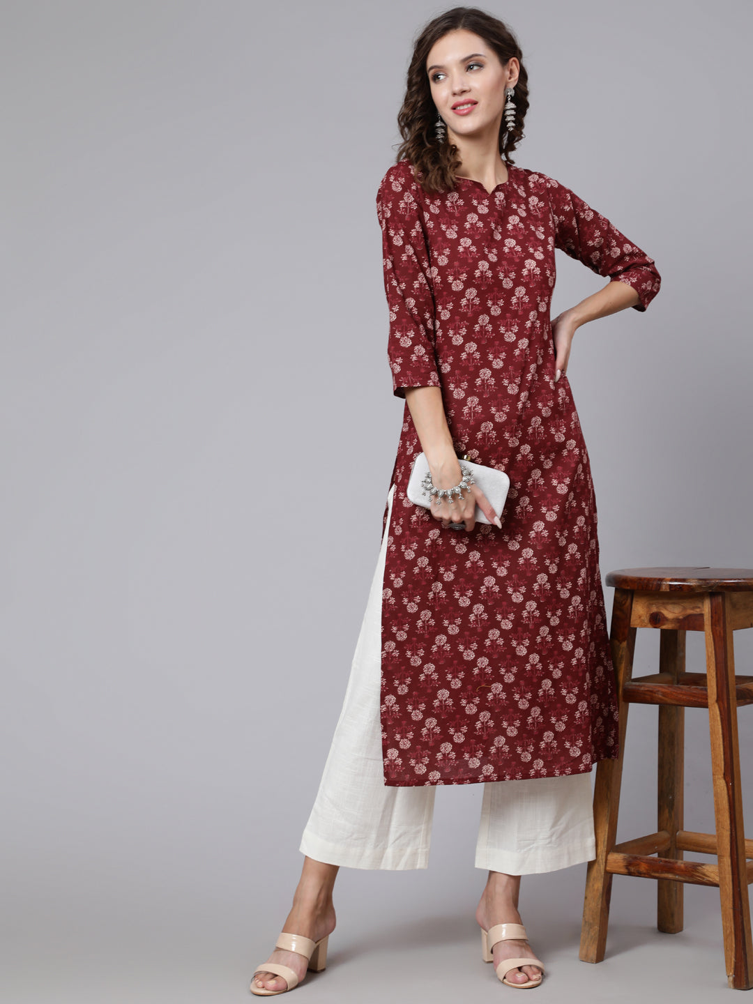 Women Burgundy Ethnic Printed Straight Kurta With Three Quarter Sleeves | LASVINI - Redefining Indian Fashion with Elegance