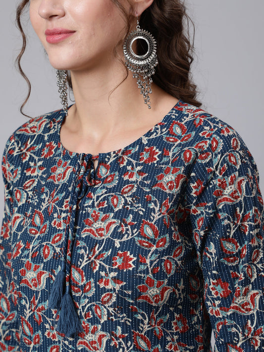 Women Blue Printed Straight Kurta With Three Quarter Sleeves | LASVINI - Redefining Indian Fashion with Elegance
