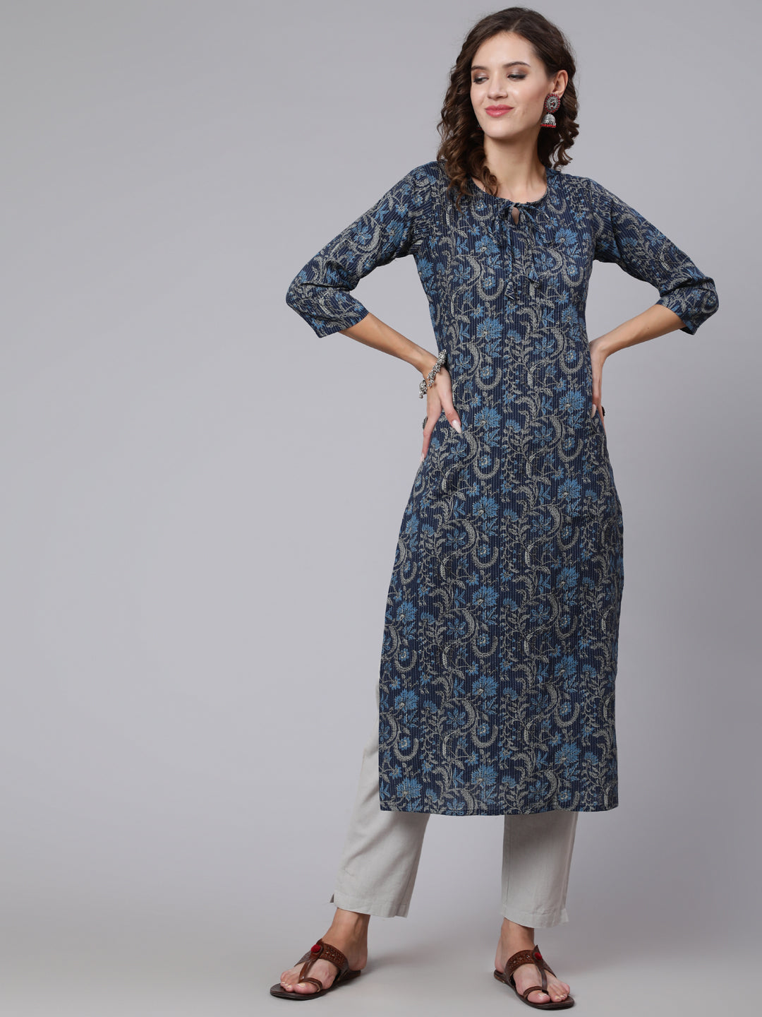 Women Navy Blue Printed Straight Kurta With Three Quarter Sleeves | LASVINI - Redefining Indian Fashion with Elegance