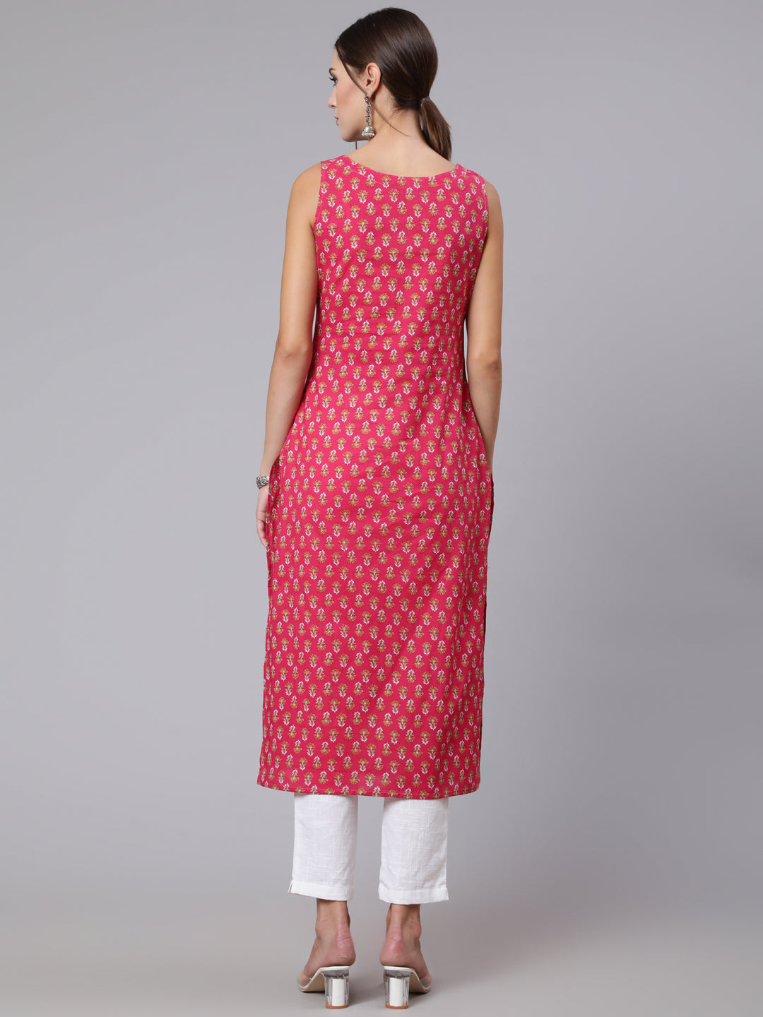 Women Pink Ethnic Printed Straight Sleeveless Kurta | LASVINI - Redefining Indian Fashion with Elegance