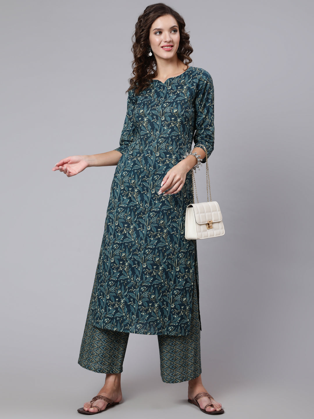 Women Teal Blue Printed Ethnic Kurta With Palazzo | LASVINI - Redefining Indian Fashion with Elegance