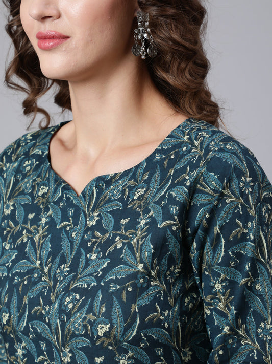 Women Teal Blue Printed Ethnic Kurta With Palazzo | LASVINI - Redefining Indian Fashion with Elegance
