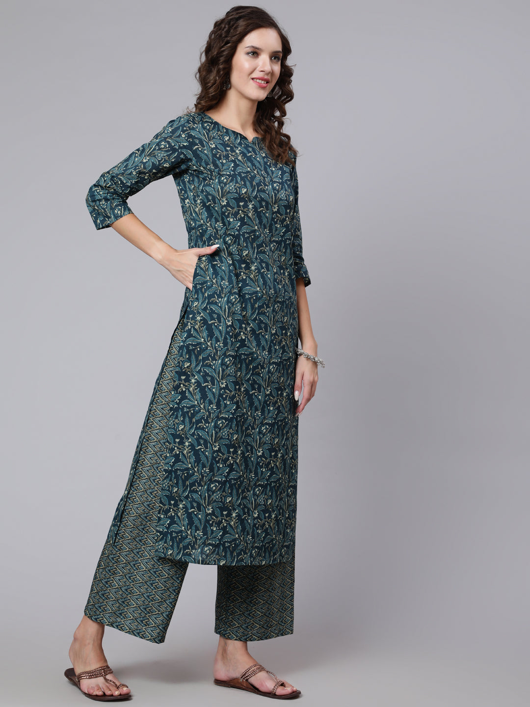 Women Teal Blue Printed Ethnic Kurta With Palazzo | LASVINI - Redefining Indian Fashion with Elegance